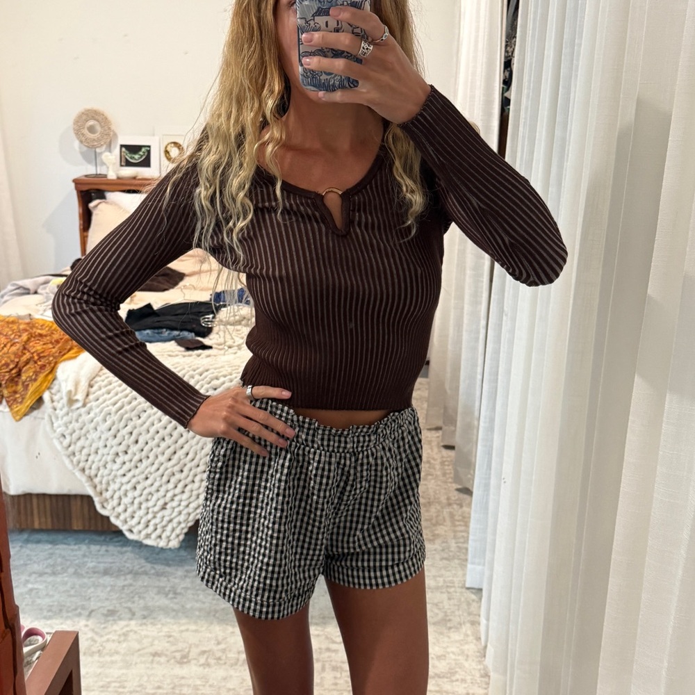 Cotton On Brown Ribbed Long Sleeve Top with light blue contrasting stripes